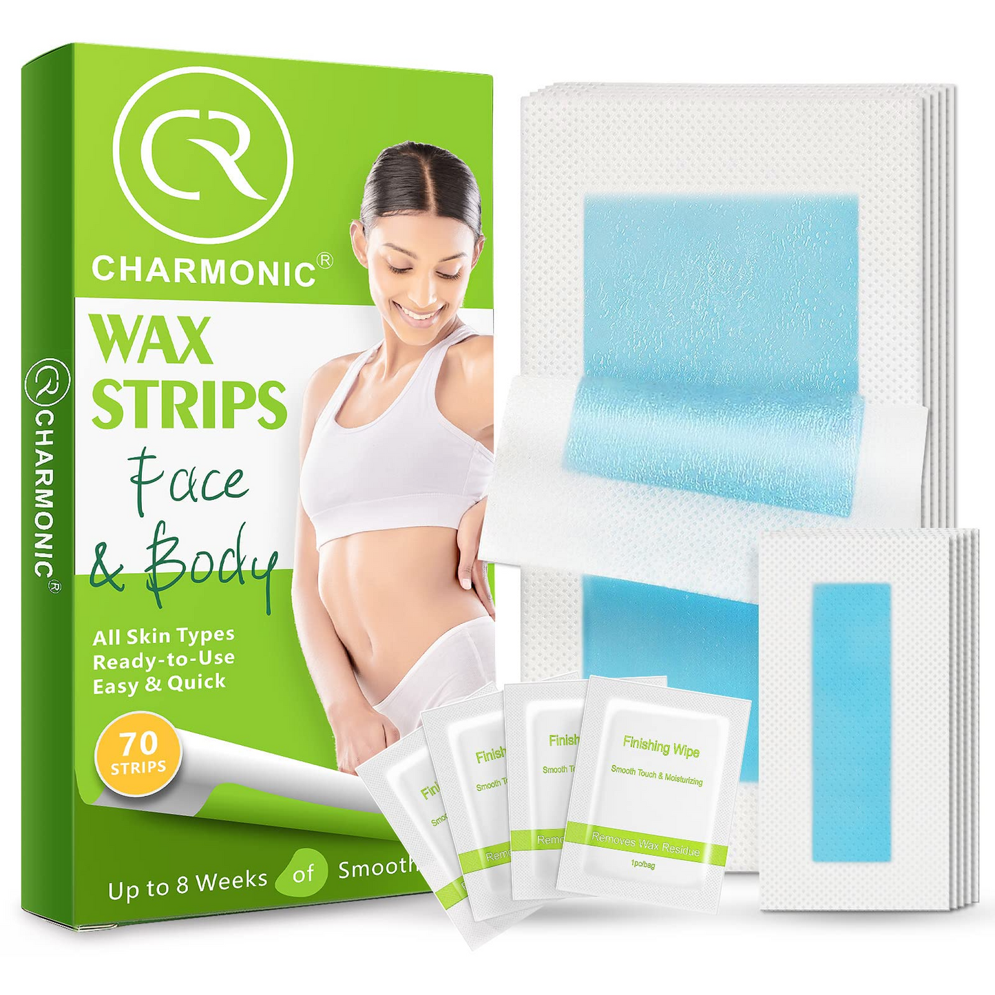 Charmonic 70 Counts Hair Remover Waxing Strips Body & Face, At Home Waxing Kit (2 Sizes 70 Strips+ 4 Wipes)