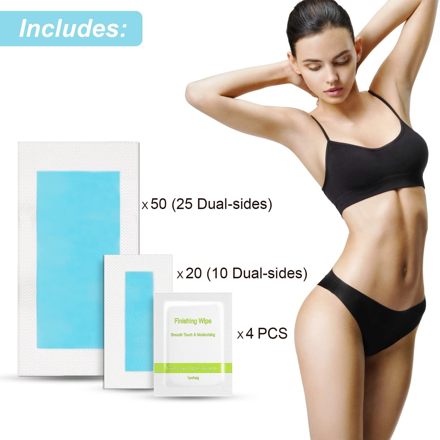 Charmonic 70 Counts Hair Remover Waxing Strips Body & Face, At Home Waxing Kit (2 Sizes 70 Strips+ 4 Wipes)