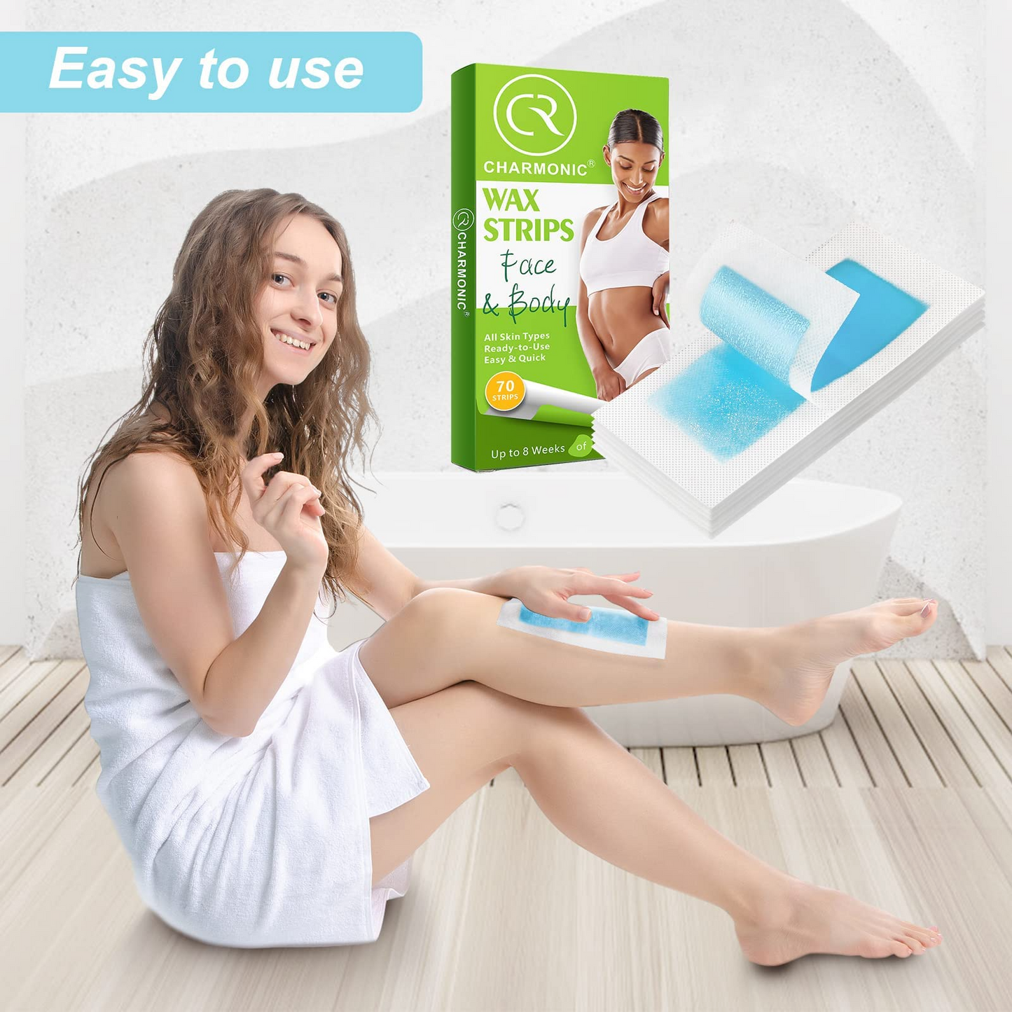 Charmonic 70 Counts Hair Remover Waxing Strips Body & Face, At Home Waxing Kit (2 Sizes 70 Strips+ 4 Wipes)
