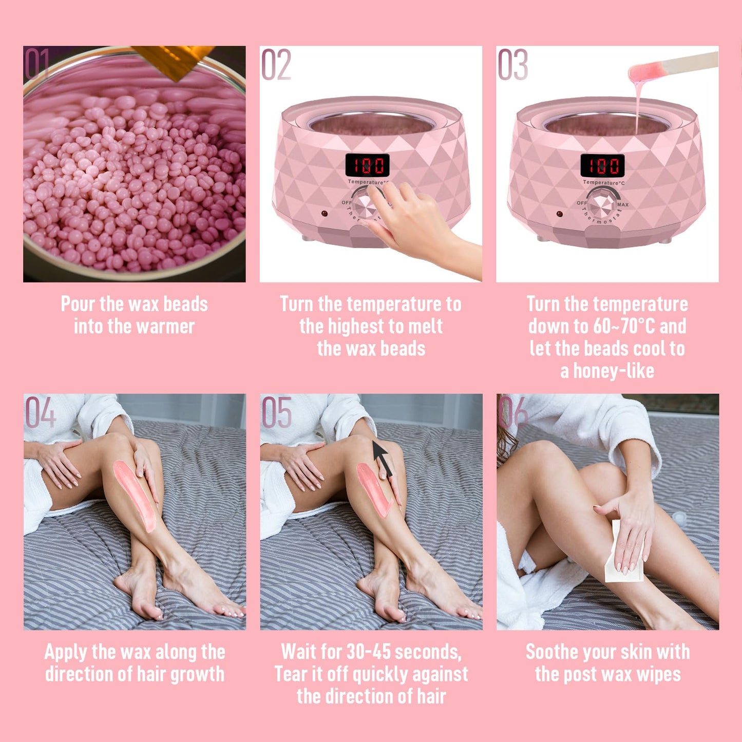 Charmonic Depilatory wax,Wax Warmer, Digital Waxing Kit with Silicone Pot & 500g Hair Wax Beans for Whole Body Brazilian Bikini Legs Armpit Nose Hair Removal(Pink)
