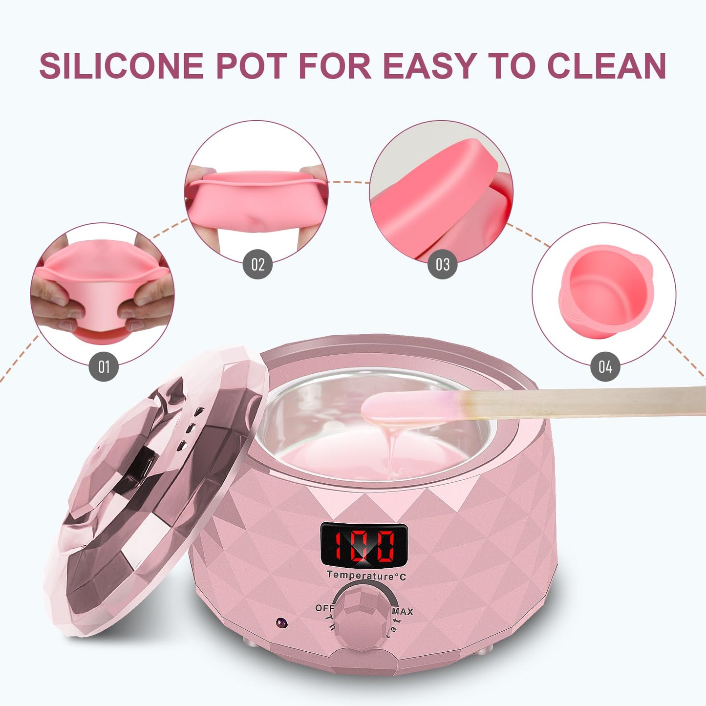 Charmonic Depilatory wax,Wax Warmer, Digital Waxing Kit with Silicone Pot & 500g Hair Wax Beans for Whole Body Brazilian Bikini Legs Armpit Nose Hair Removal(Pink)