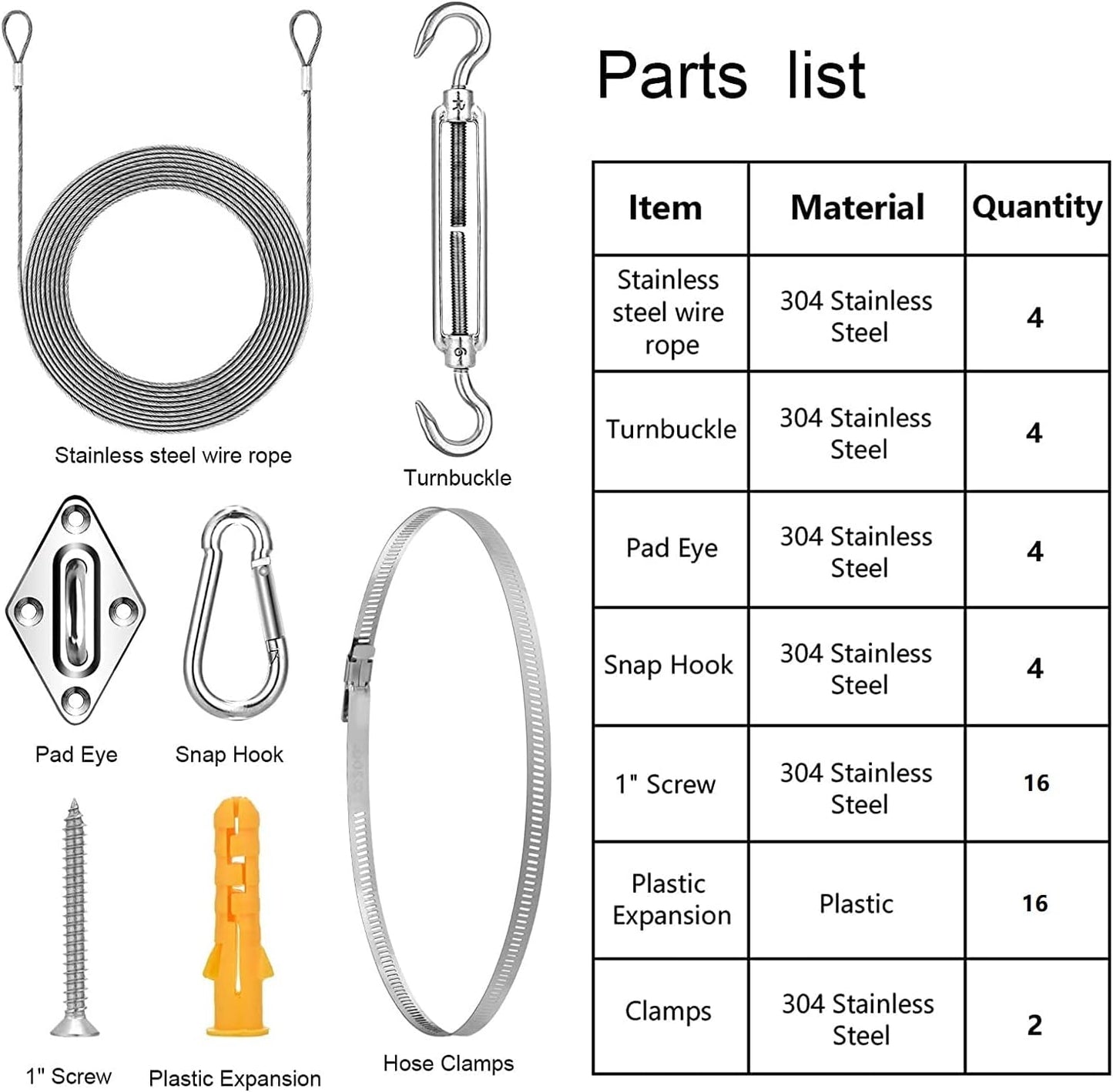 KOZYLAND Shade Sail Hardware Kit, Sun Shade Hardware Kit with 304 Stainless Steel Wire Rope for Square/Rectangle/Triangle Sun Shade Sails, Anti-Rust Stainless Steel Accessories for Outdoor (6 inch, 50/59 pcs)
